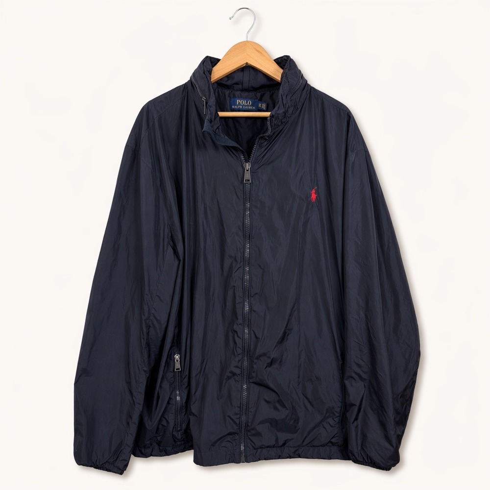 Polo Ralph Lauren Men XLT Windbreaker Jacket Navy Blue Full Zip Hooded Pony Prep